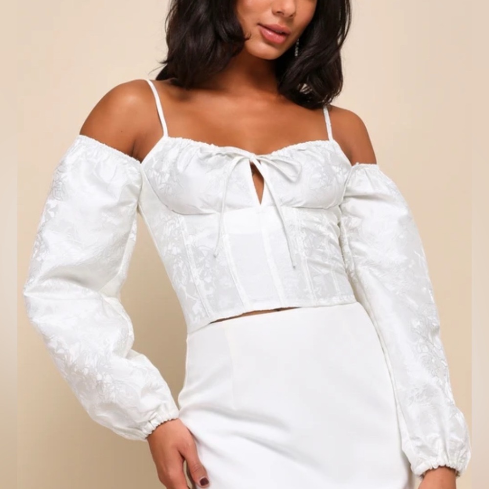 NWT Lulu's Jacquard Floral Ballon Sleeve White Off Shoulder Bustier Blouse - S